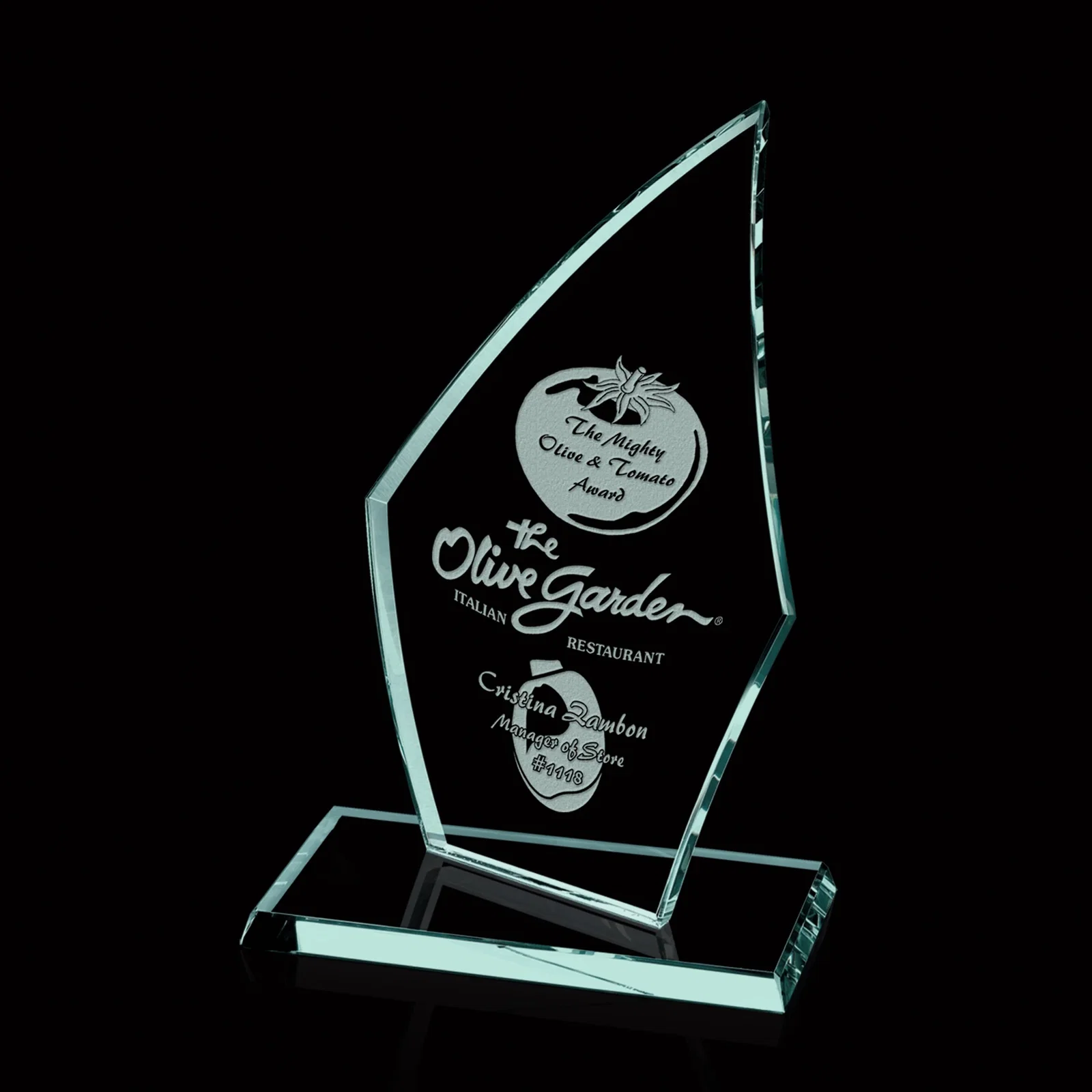 Custom Curved-Back Jade Glass Arrowhead Award, 3/8 Inch Panel for service anniversary gifts