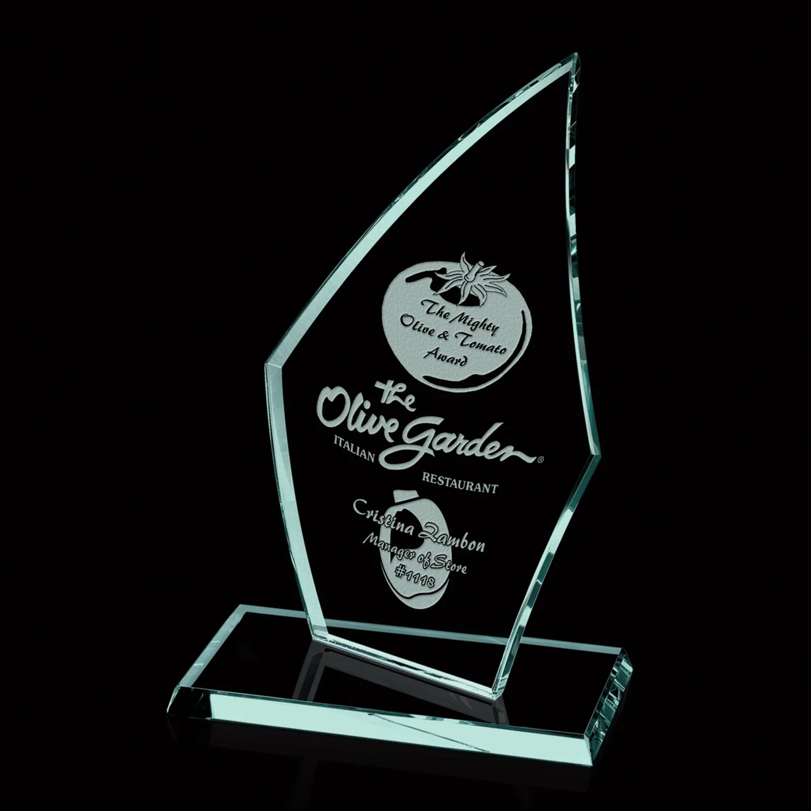 Custom Curved-Back Jade Glass Arrowhead Award, 3/8 Inch Panel for sales achievement awards