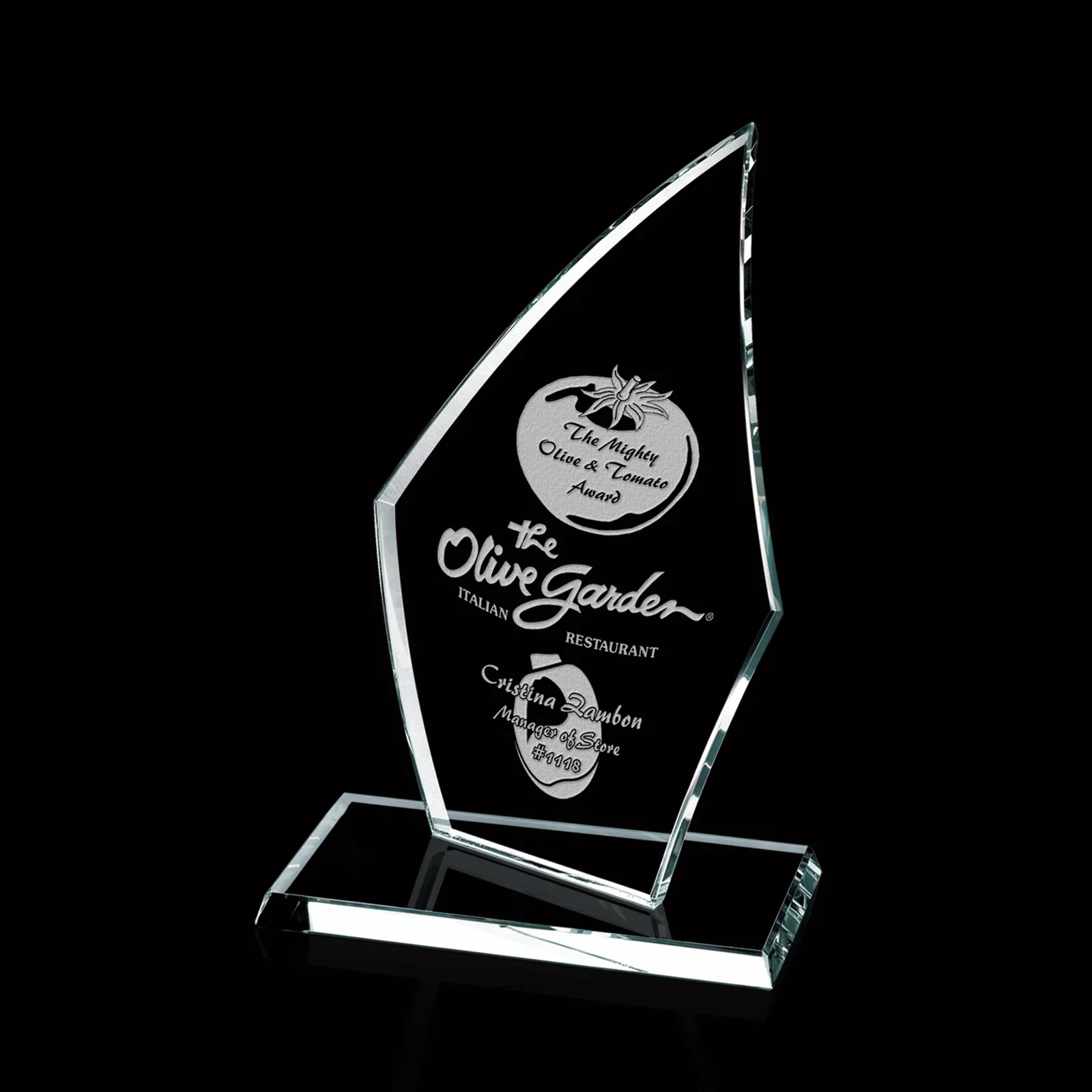 Custom Curved-Back Jade Glass Arrowhead Award, 3/8 Inch Panel for retirement presentations