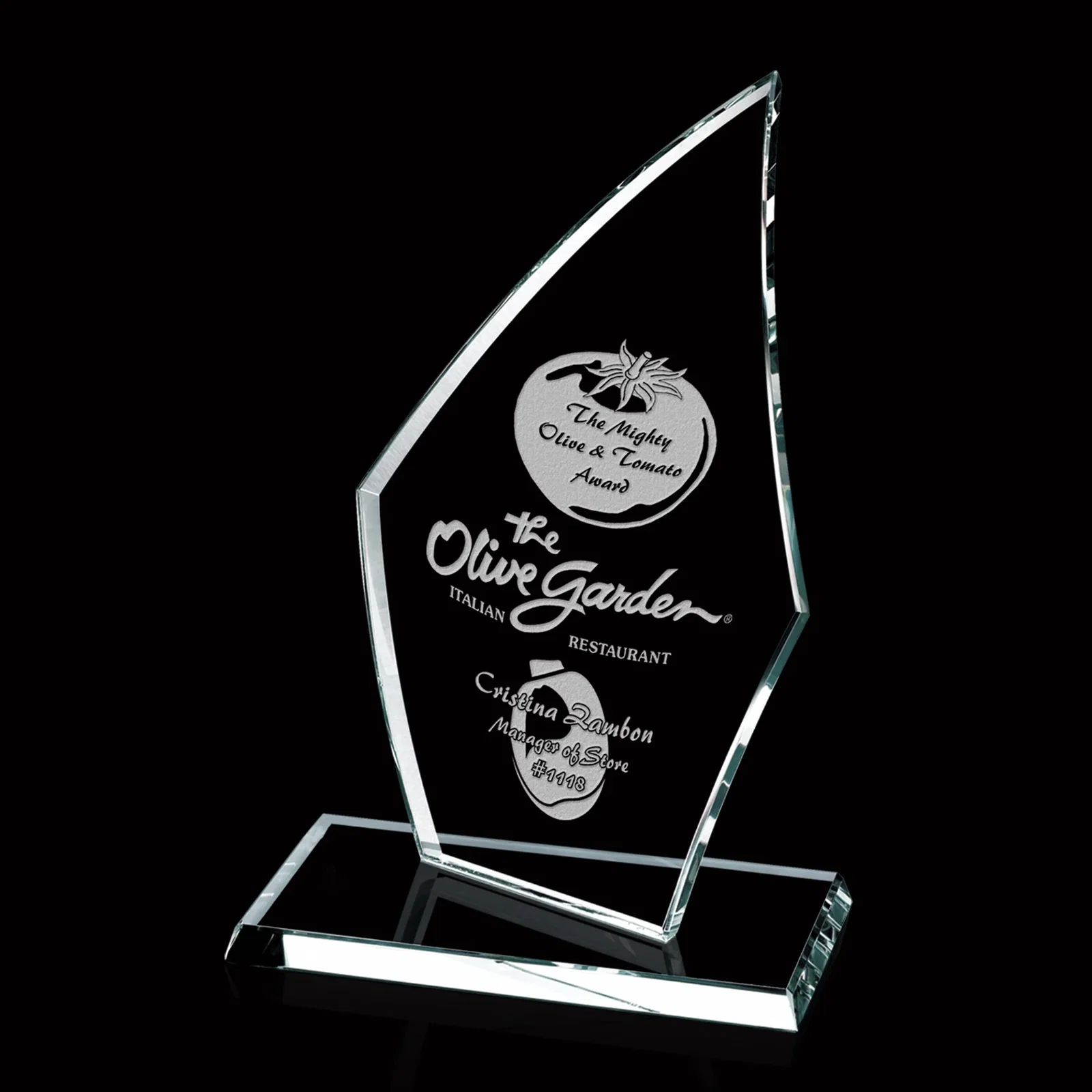 Custom Curved-Back Jade Glass Arrowhead Award, 3/8 Inch Panel for donor appreciation