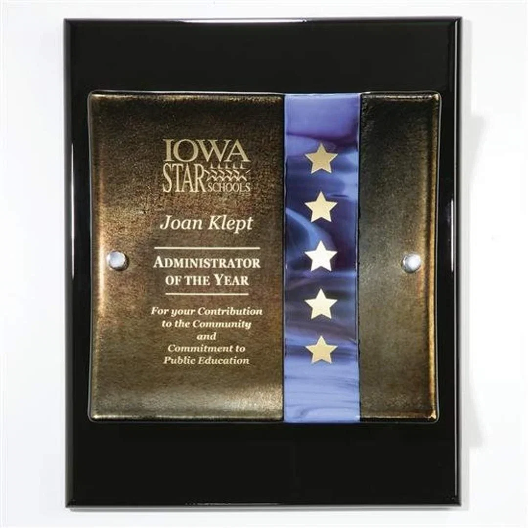 Custom Striped Art Glass Plaque, Slumped And Curved On Silver Risers for employee recognition