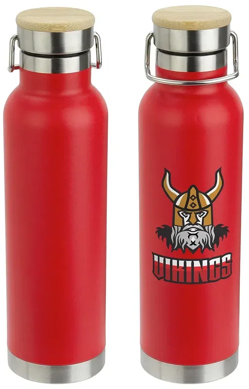 Cusano promotional steel bottle, side view showing natural bamboo cap