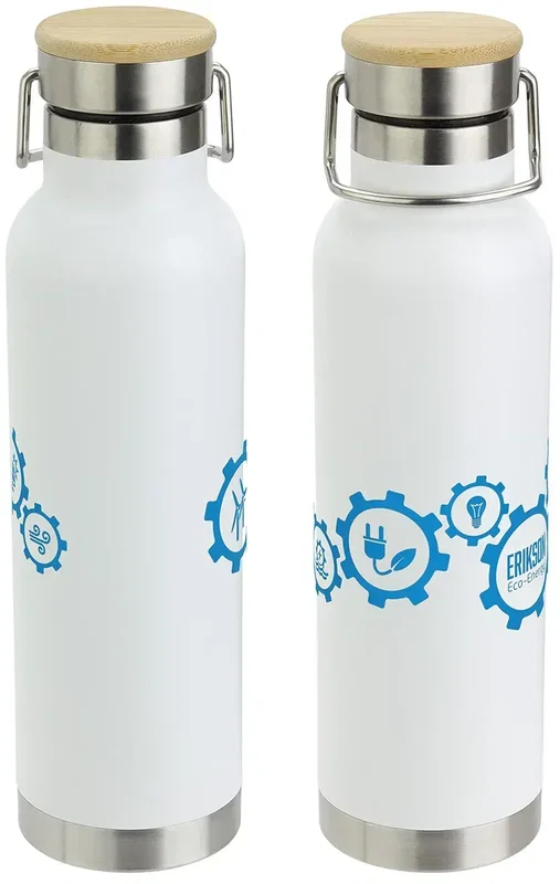 Cusano promotional bottle colorways, branded bamboo-cap steel bottles lineup