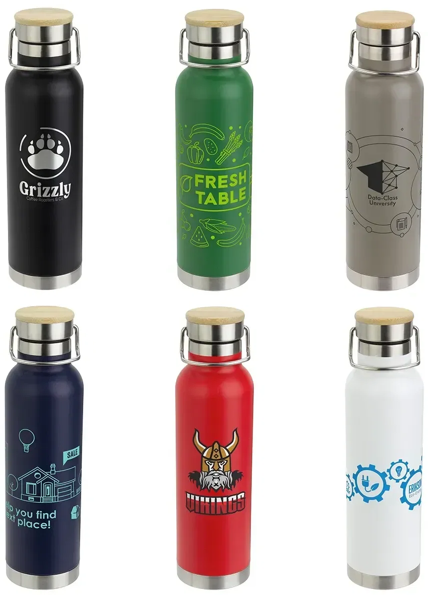 Cusano Bamboo-Cap Steel Bottle 22 oz, custom branded water bottle front view with logo