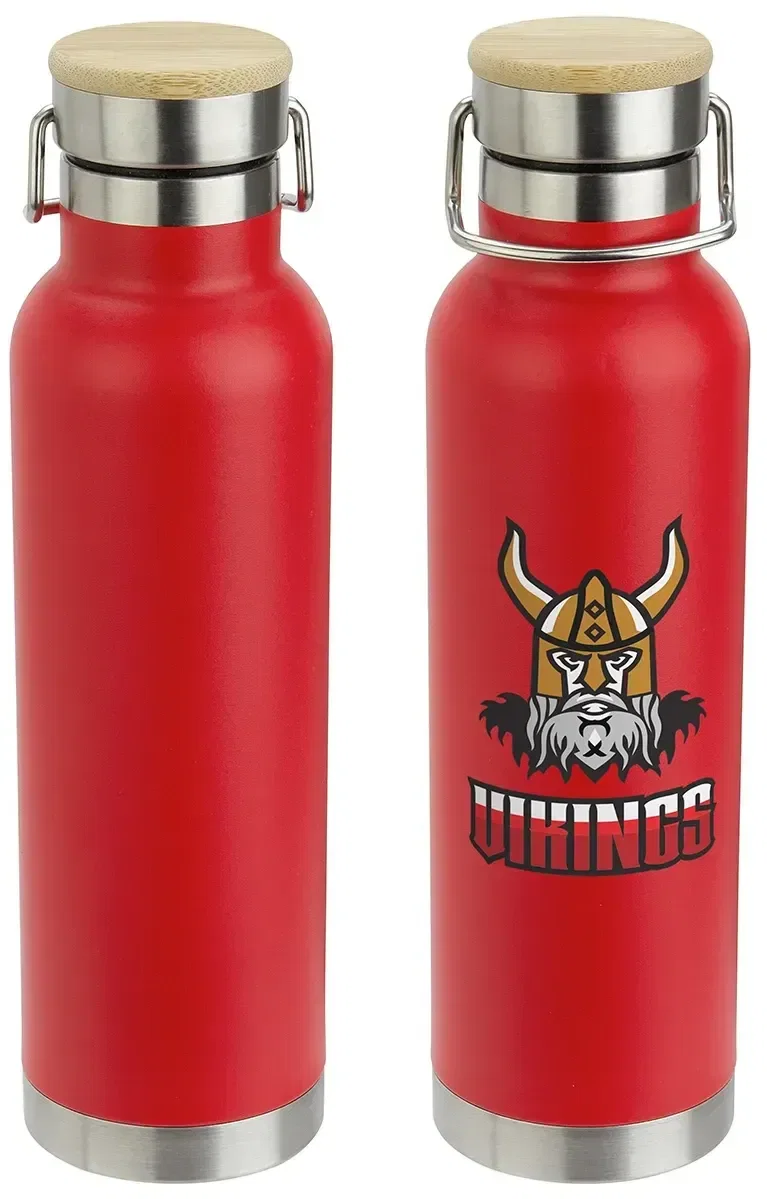 Cusano promotional steel bottle, side view showing natural bamboo cap