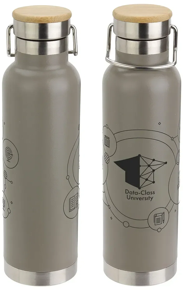 custom Cusano bottle with bamboo cap off, branded 22 oz insulated steel body