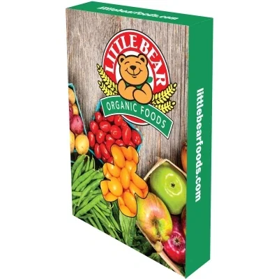 White die cut candy box standing upright at roughly four inches