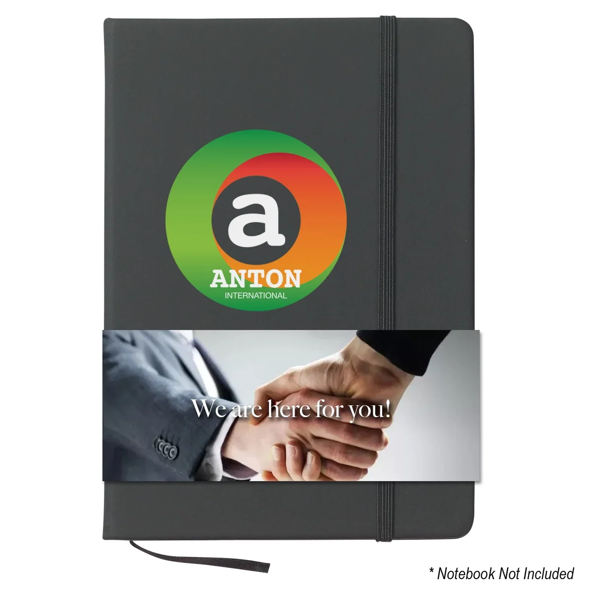 Full color printed band wrapped around a closed notebook