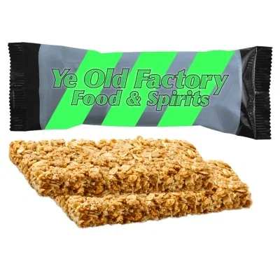 Individually wrapped granola bar in a full-color white sleeve