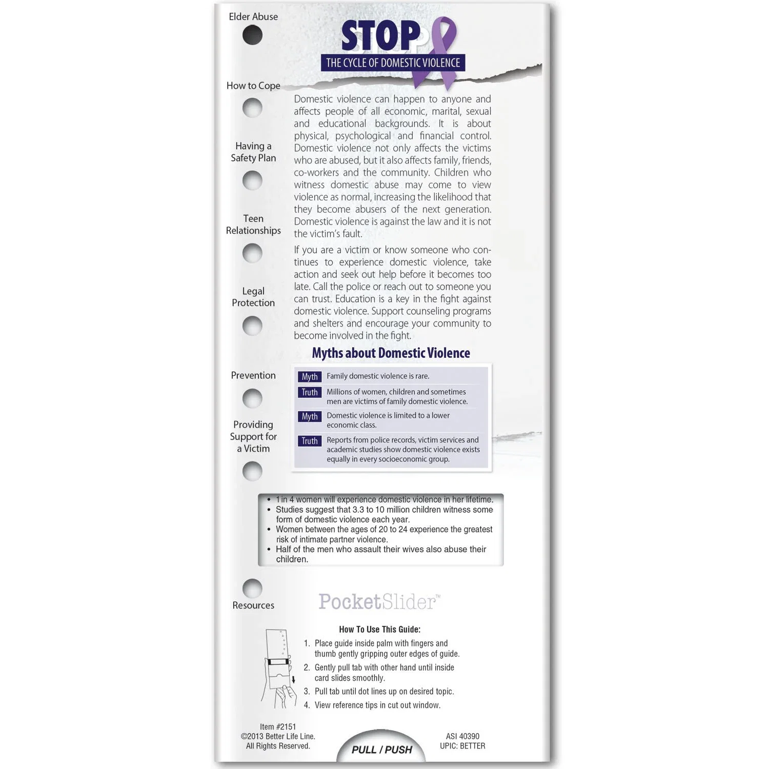 Domestic Violence Pocket Slider showing sliding window with prevention bullet points and facts