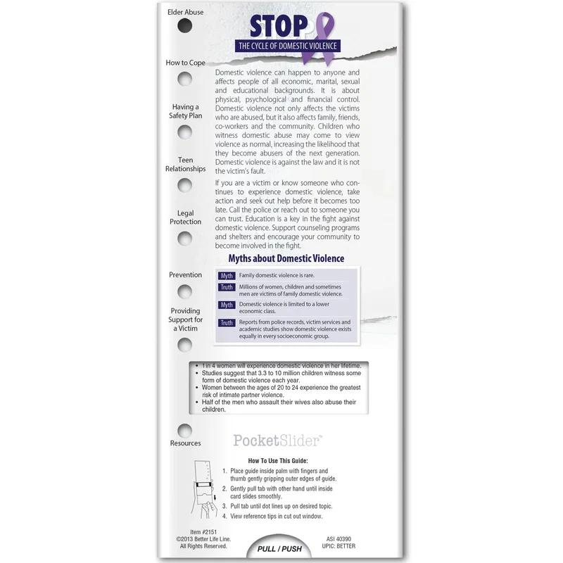 Domestic Violence Pocket Slider showing sliding window with prevention bullet points and facts