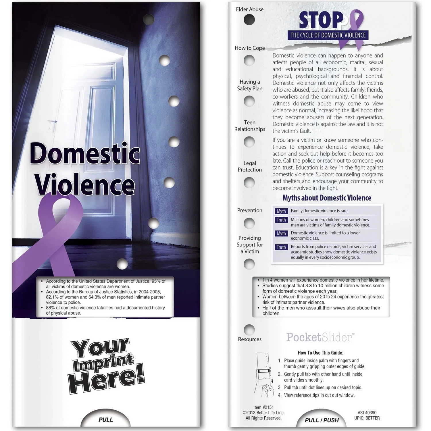Domestic Violence Pocket Slider card, hero front view of interactive educational sliding awareness guide