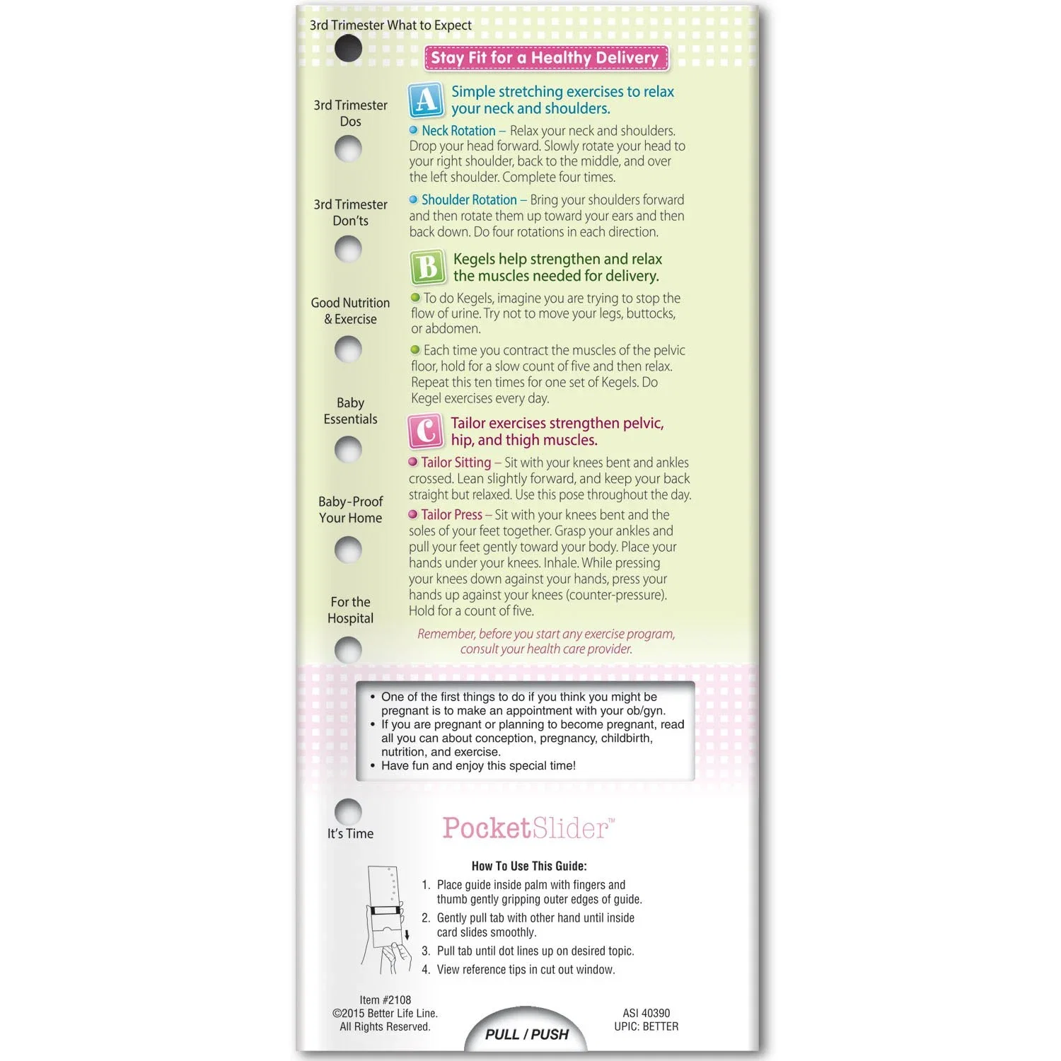 Expecting Mom Pocket Slider sliding window showing prenatal nutrition and exercise tips