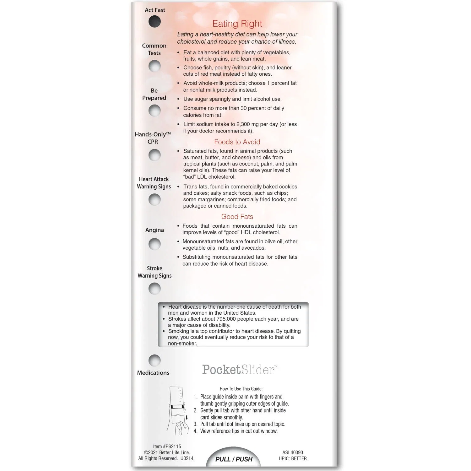 Healthy Heart Pocket Slider sliding window showing heart attack warning signs and CPR