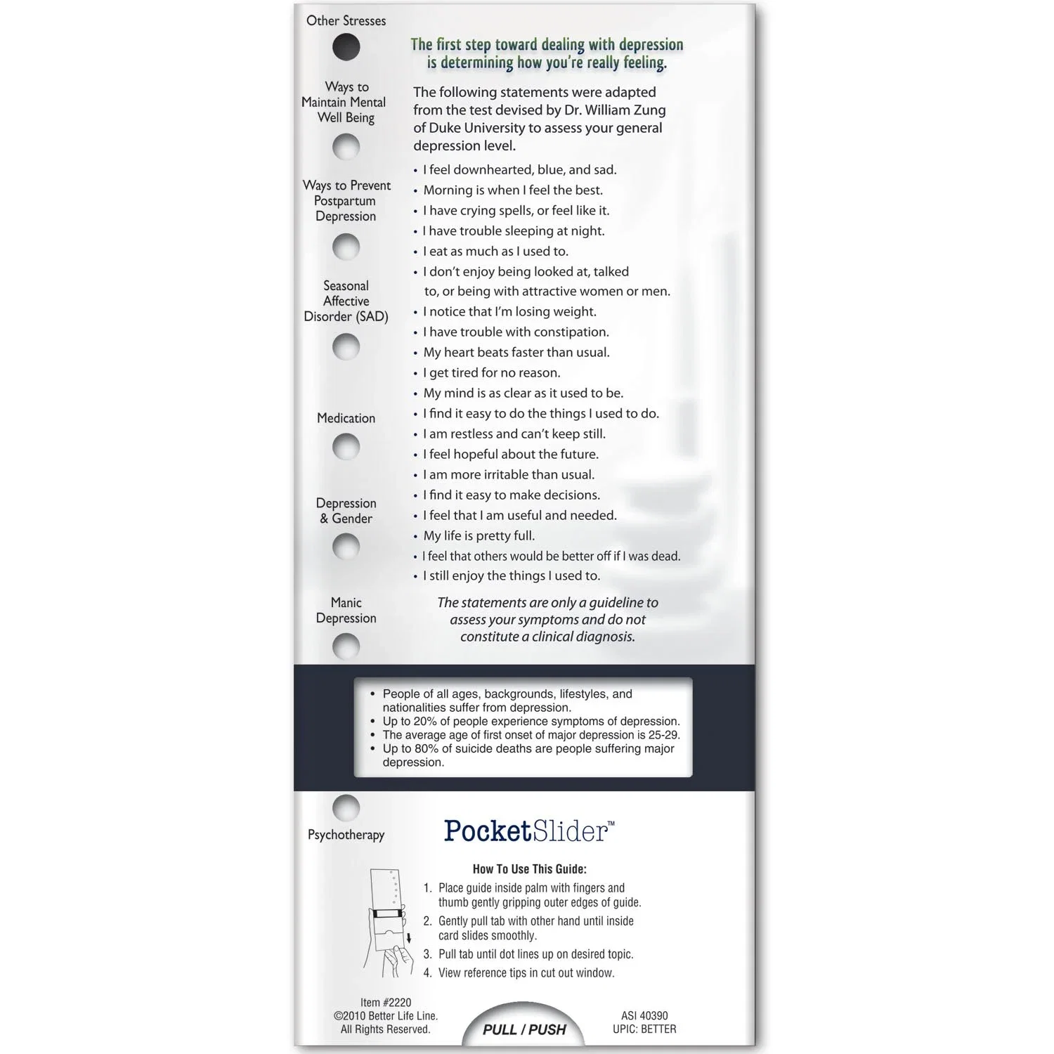 Pocket Slider Mental Wellness card slid open revealing depression symptoms info for adults and teens