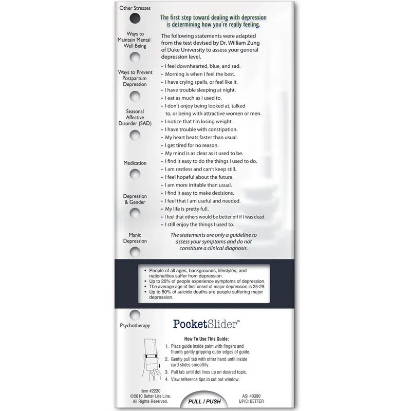 Pocket Slider Mental Wellness card slid open revealing depression symptoms info for adults and teens