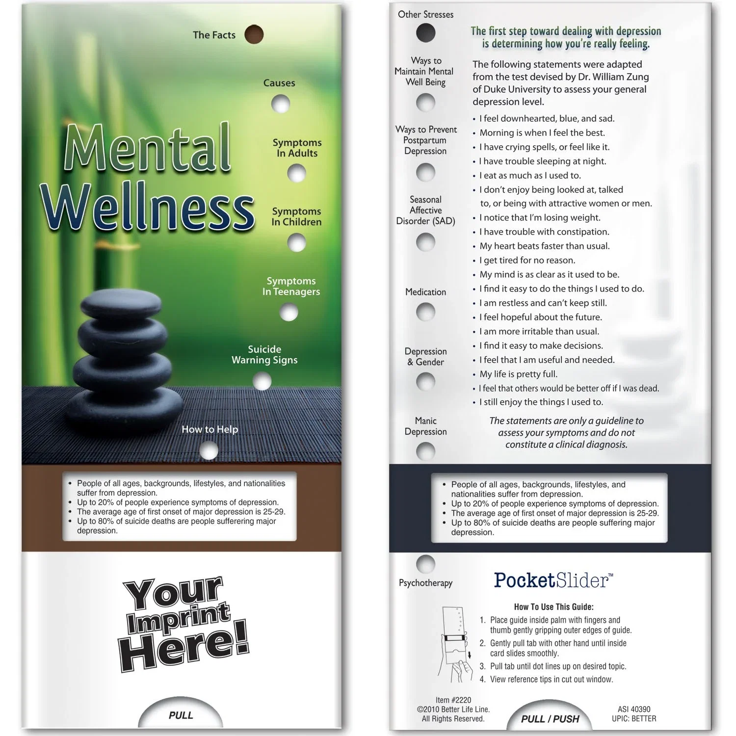 Pocket Slider Mental Wellness interactive sliding card, front cover showing mental health facts and warning signs
