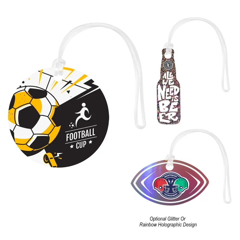 Shaped bag tag suited to conferences, teams and travel giveaways