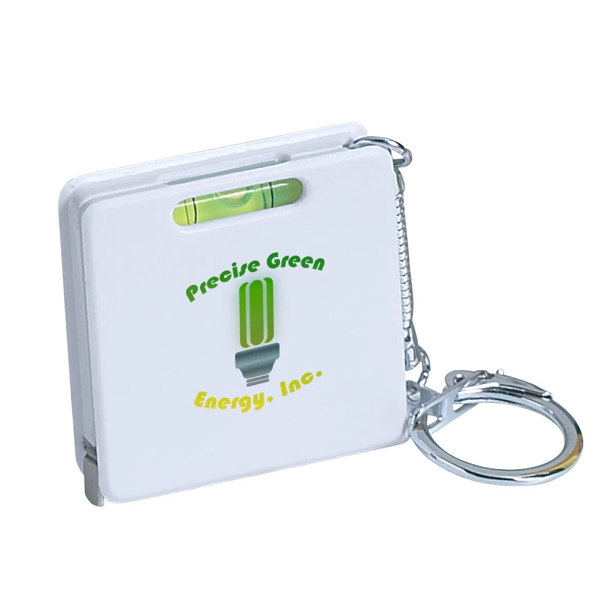 Square key tag combining a tape measure and bubble level