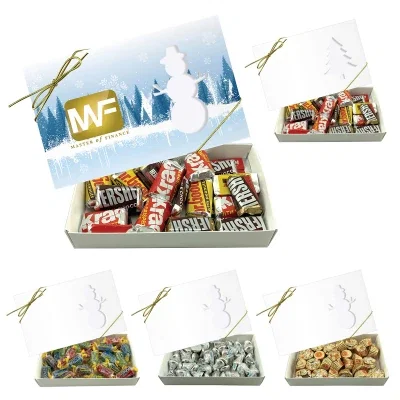 White candy box topped with a gold bow