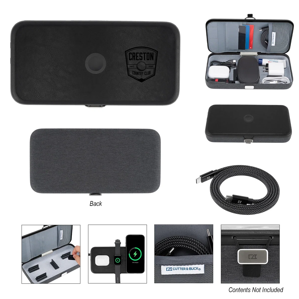 Zippered case opened flat to show the interior pockets