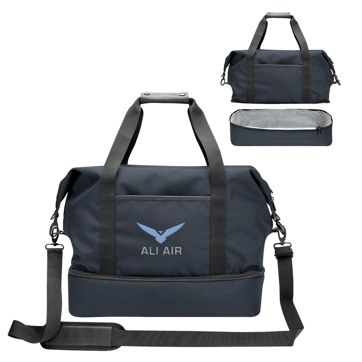 Lower compartment dropped open to show separate storage