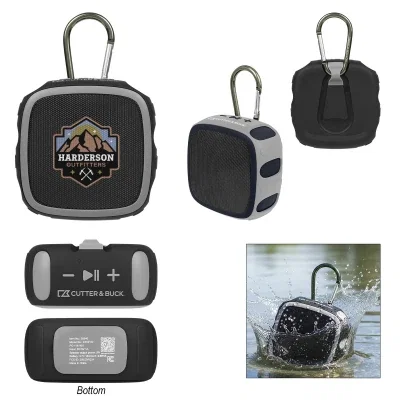 Rugged waterproof speaker with a square grille and gray trim
