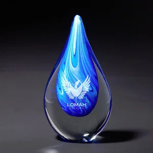 Cyan Swirl Blue Teardrop Glass Award, 3.5" x 6.75" x 2", Etched Imprint