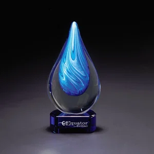 Cyan Swirl Teardrop Award, 3.5" x 8" Glass with Blue Base, Etched Imprint