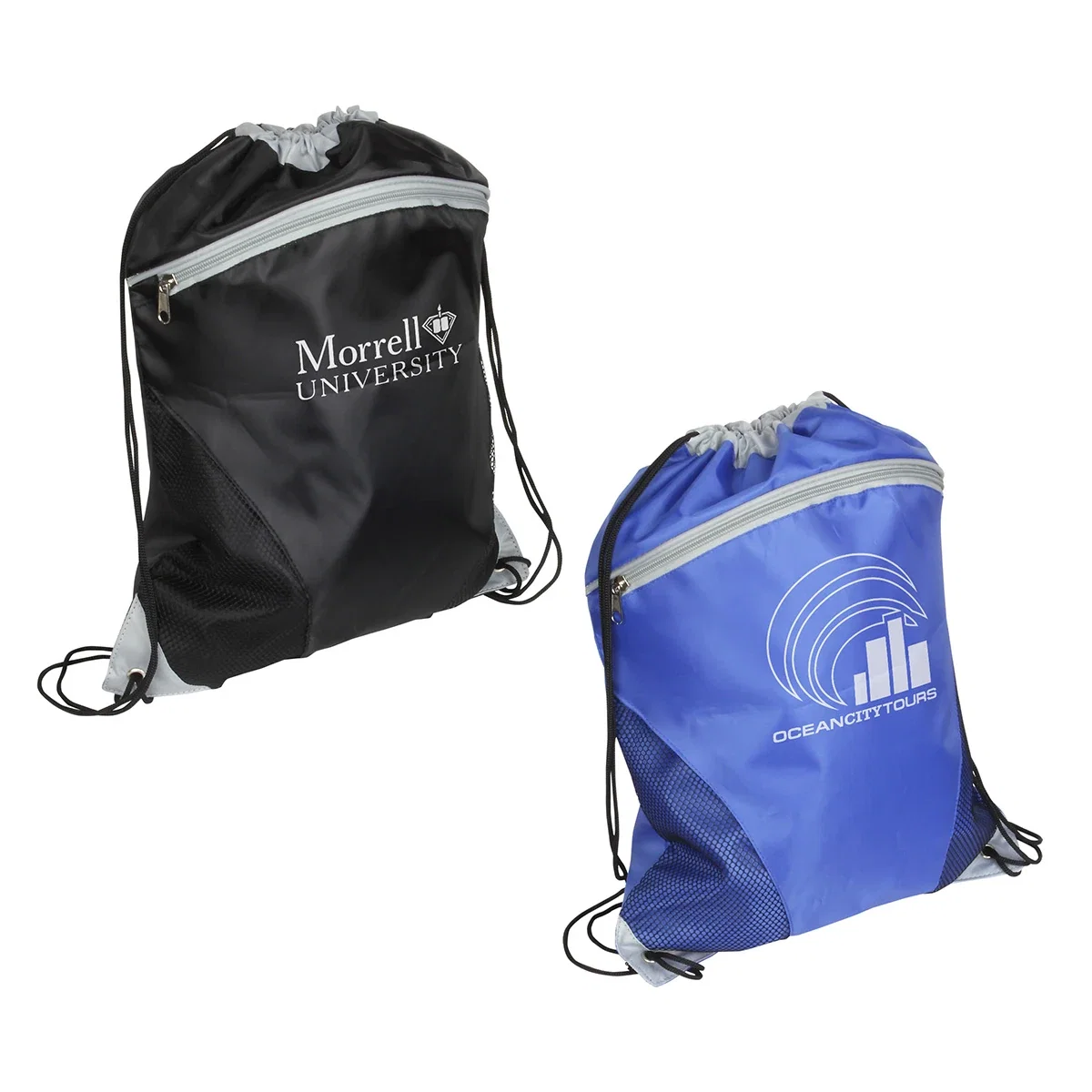 Cyclone polyester drawstring bag with a curved mesh pocket and metal grommet corners