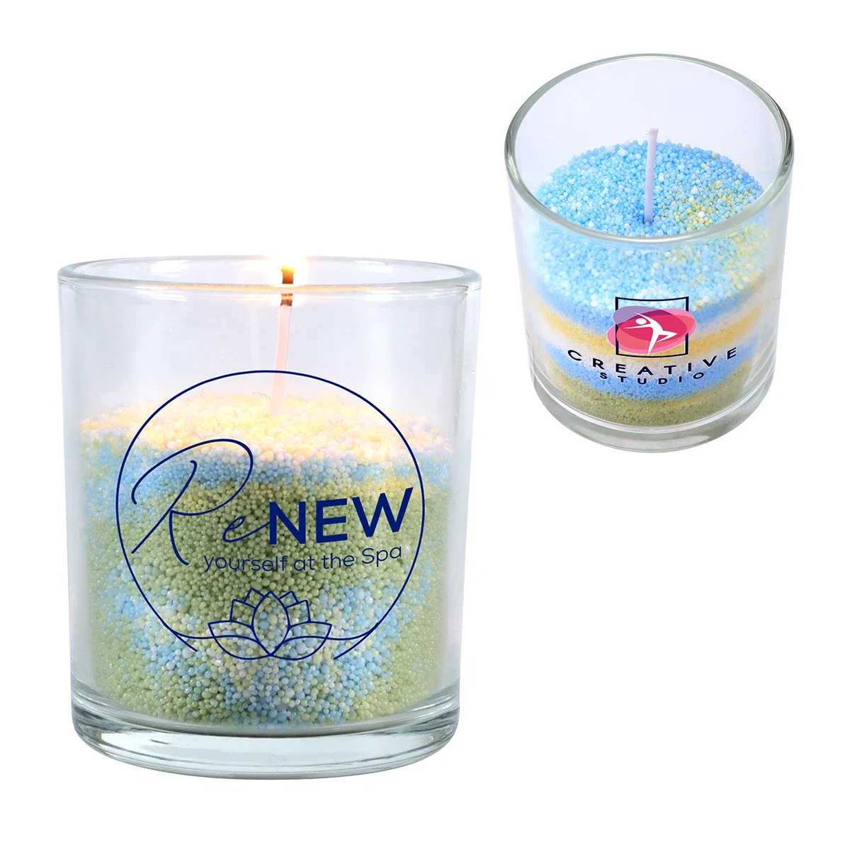 Custom D-I-Y Sand Candle kit, front view of the branded packaging