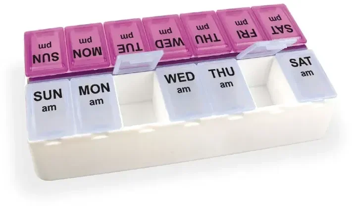 Daily Reminder 7-Day Medicine Tray. Polypropylene 7-day medicine tray with AM and PM compartments for patient reminders, view