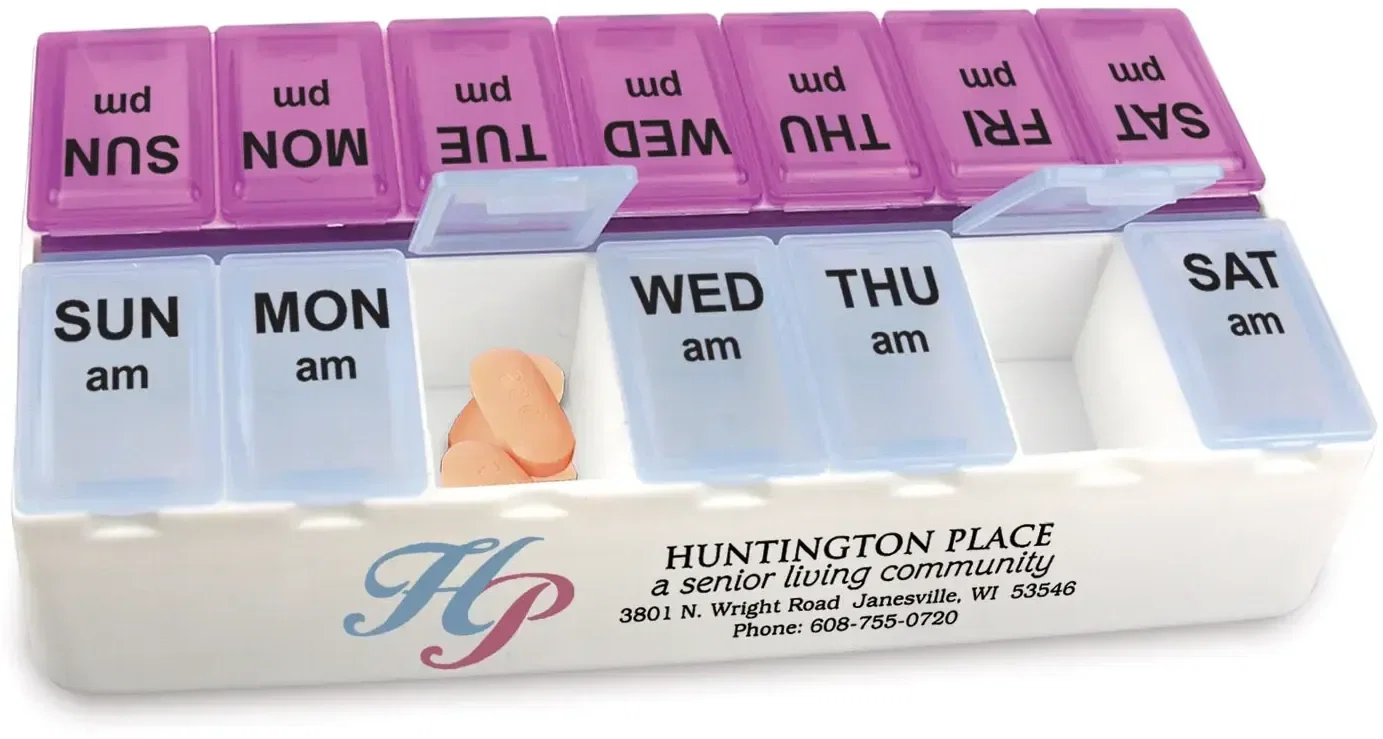 Daily Reminder 7-Day Medicine Tray. Polypropylene 7-day medicine tray with AM and PM compartments for patient reminders, view