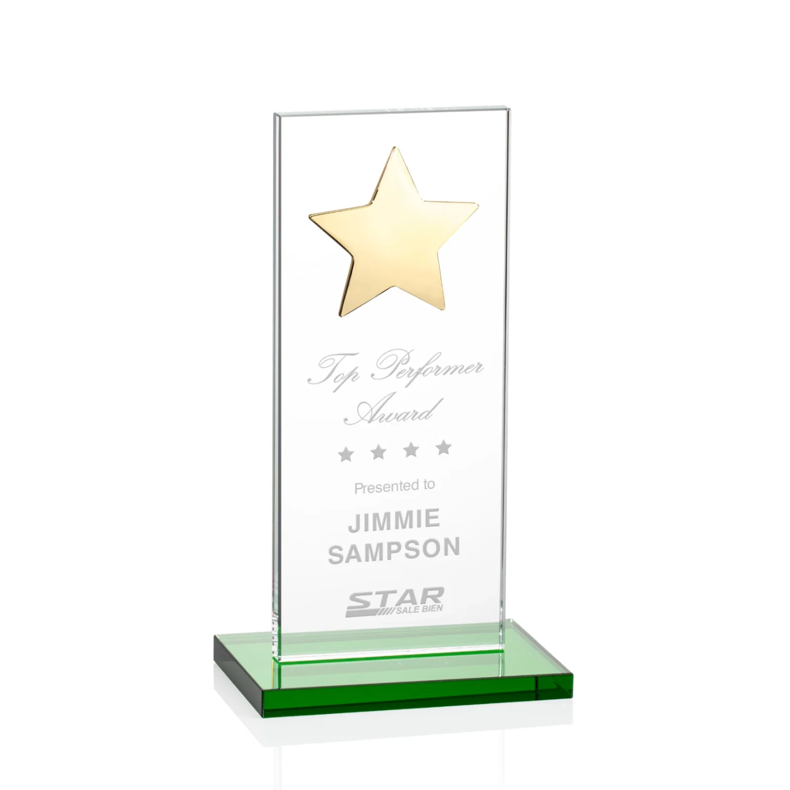 Custom Optical Crystal Upright Award With Raised Metal Star Accent for dealer and partner awards