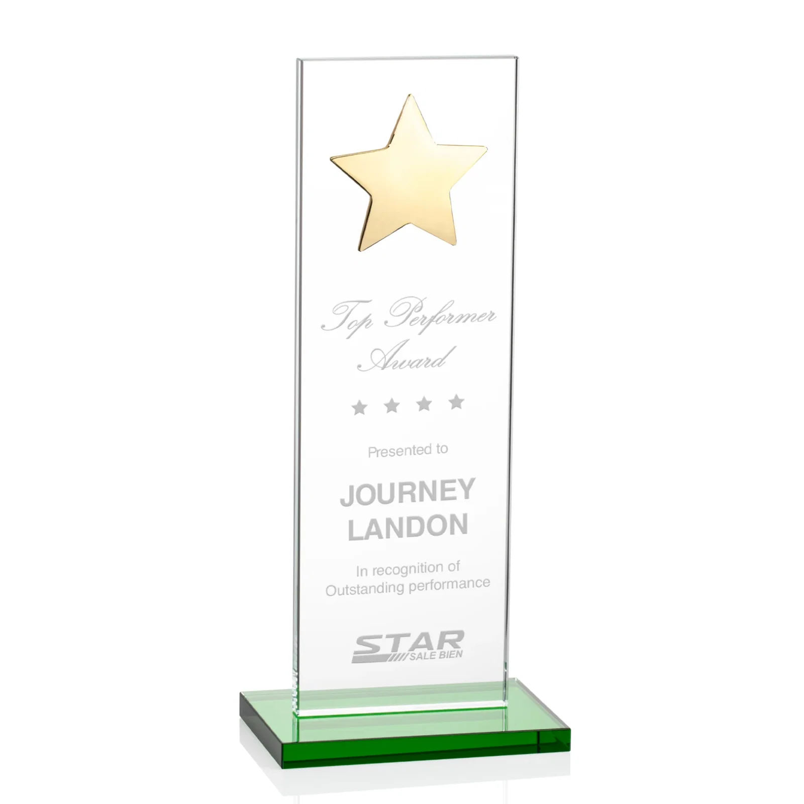 Custom Optical Crystal Upright Award With Raised Metal Star Accent for company anniversary events