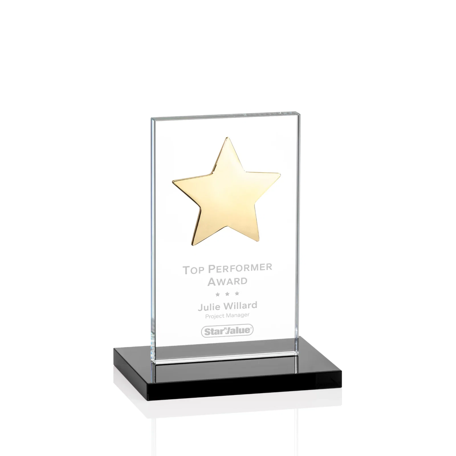 Personalized Optical Crystal Upright Award With Raised Metal Star Accent for corporate award ceremonies