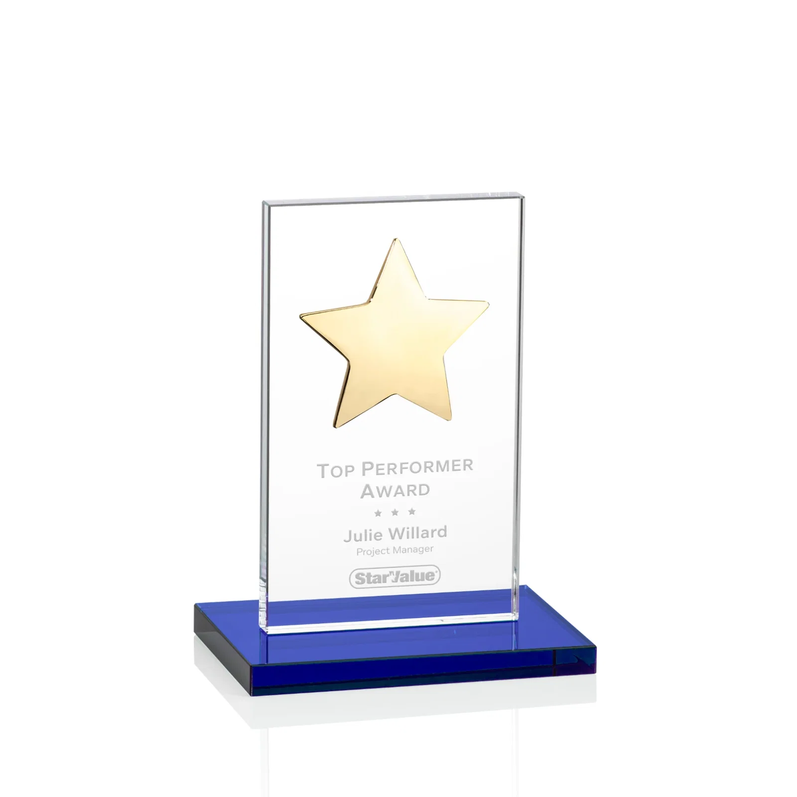 Personalized Optical Crystal Upright Award With Raised Metal Star Accent for team milestone celebrations