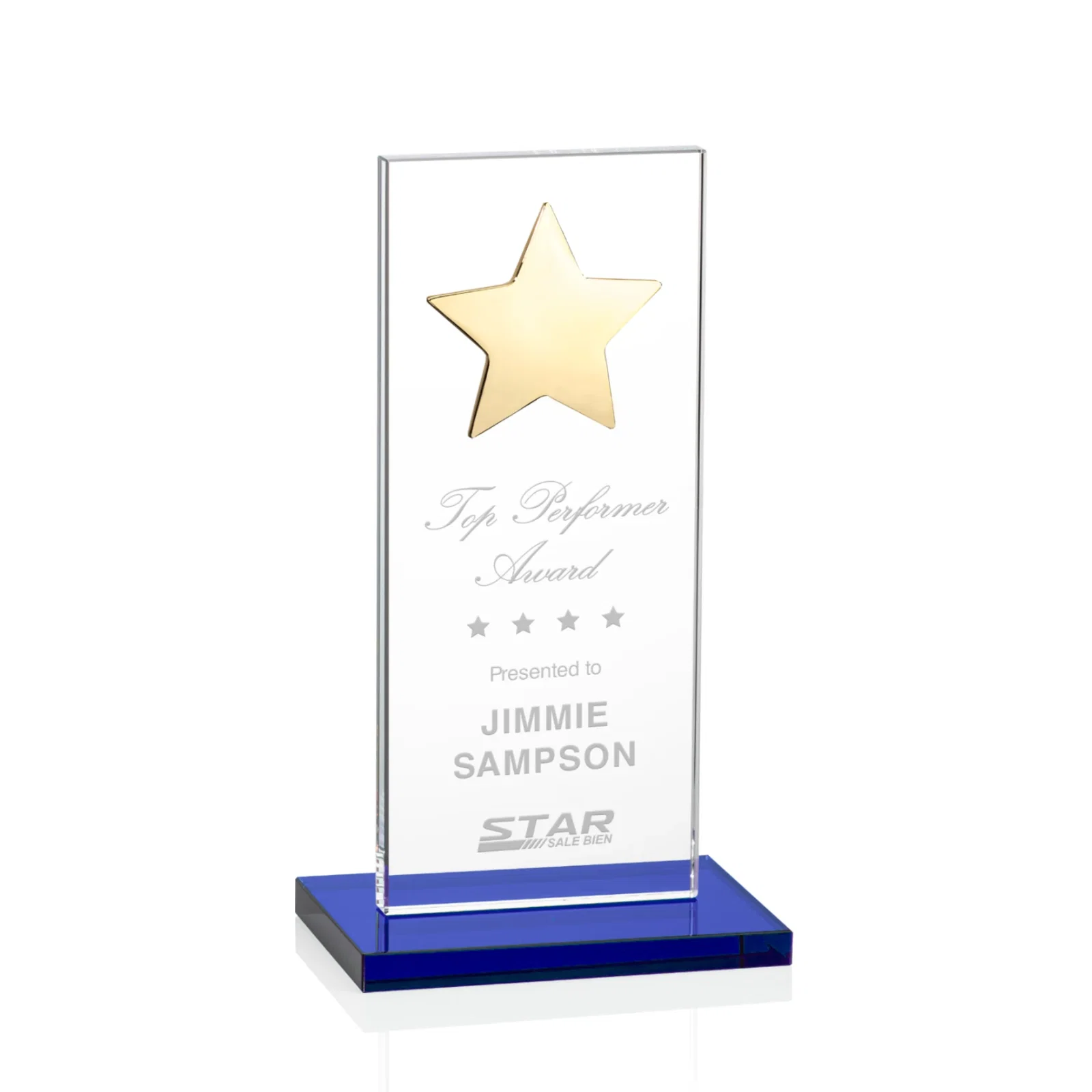 Personalized Optical Crystal Upright Award With Raised Metal Star Accent for donor appreciation