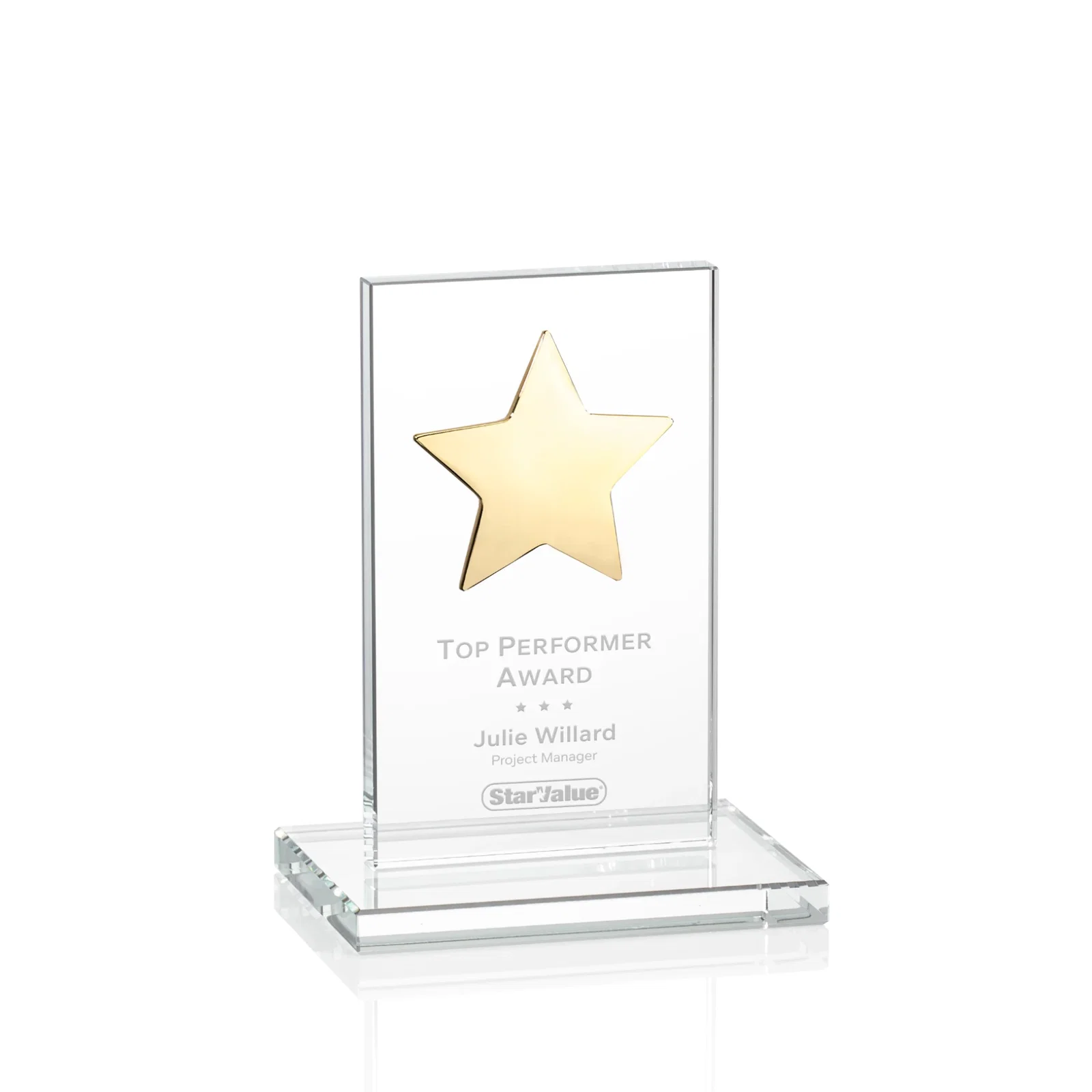 Custom Optical Crystal Upright Award With Raised Metal Star Accent for corporate award ceremonies
