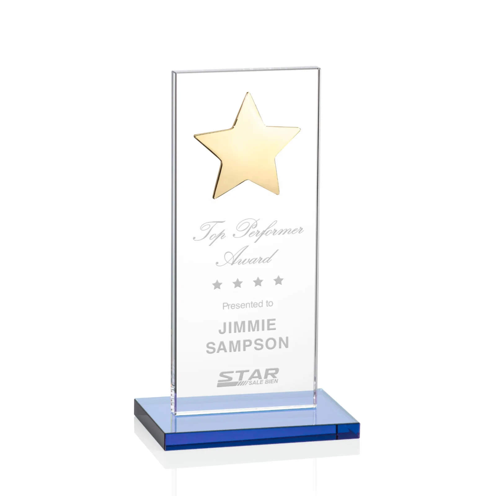 Promotional Optical Crystal Upright Award With Raised Metal Star Accent for service anniversary gifts