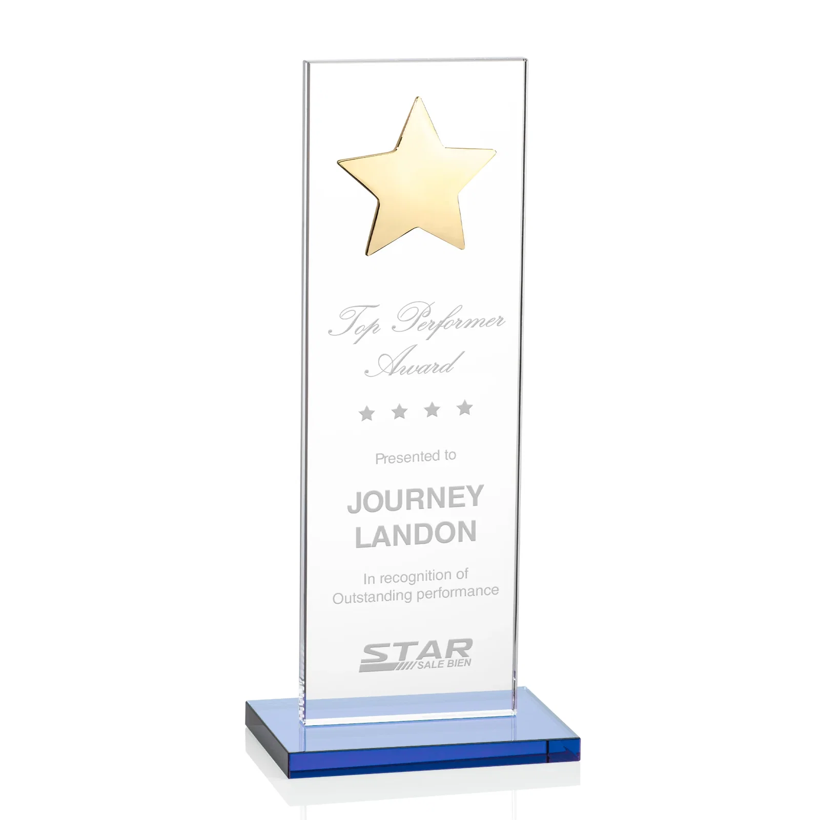Promotional Optical Crystal Upright Award With Raised Metal Star Accent for sales achievement awards