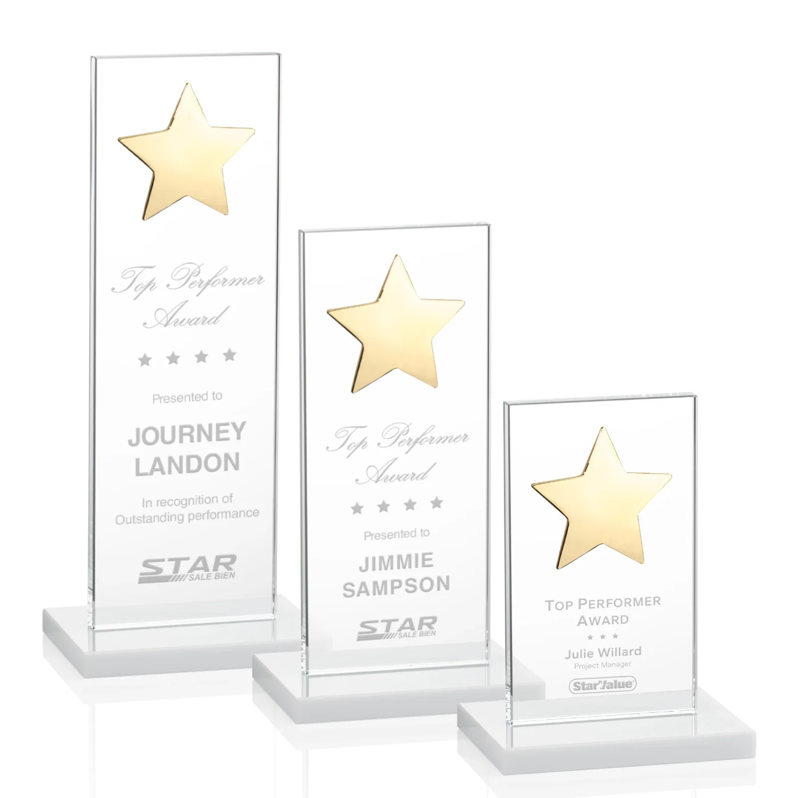 Promotional Optical Crystal Upright Award With Raised Metal Star Accent for retirement presentations