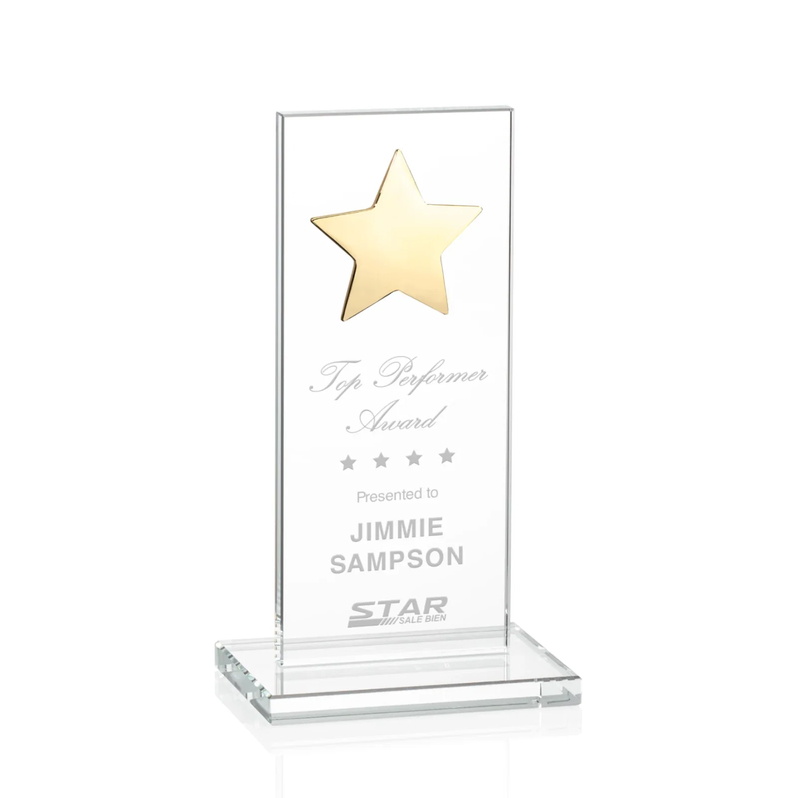 Custom Optical Crystal Upright Award With Raised Metal Star Accent for service anniversary gifts