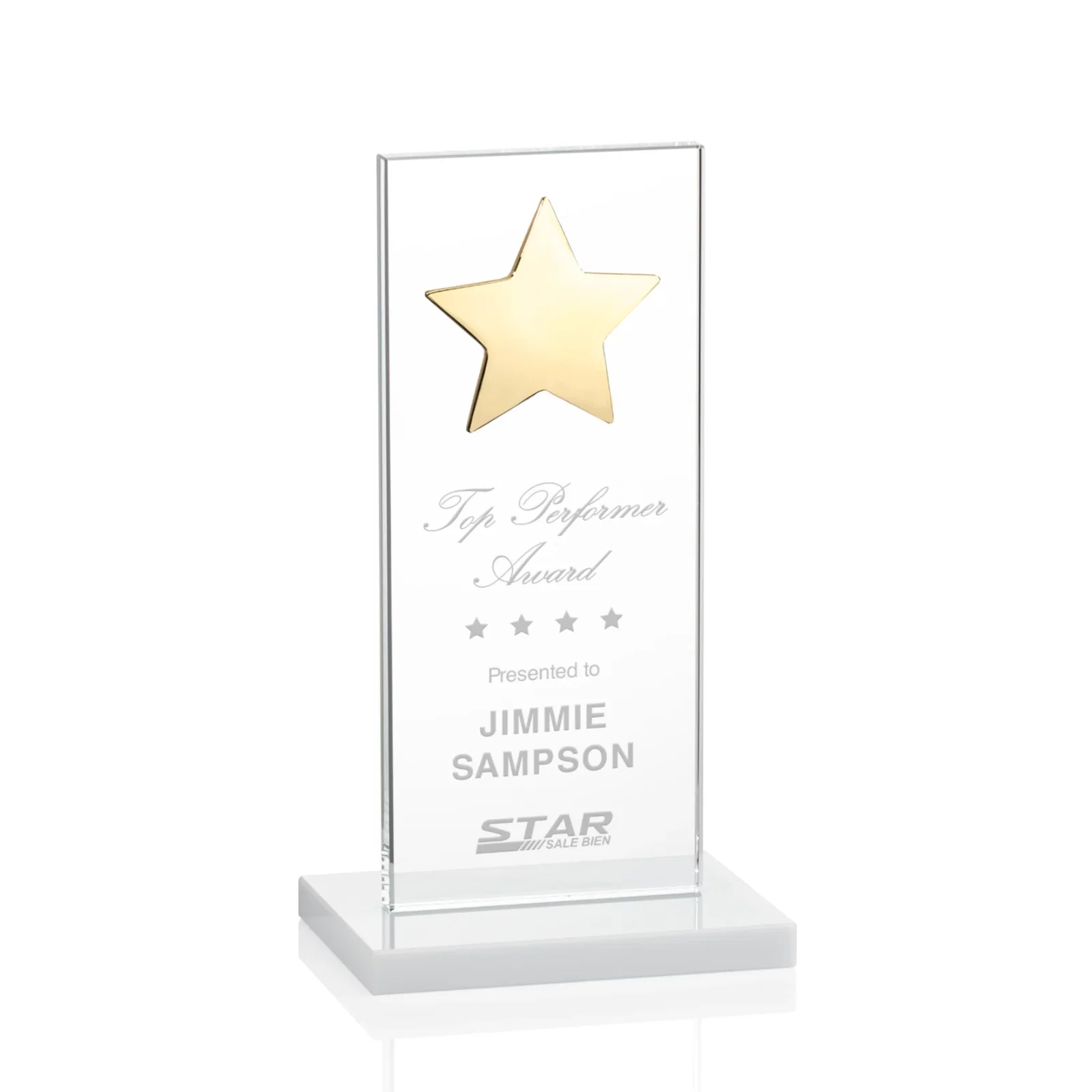 Promotional Optical Crystal Upright Award With Raised Metal Star Accent for donor appreciation