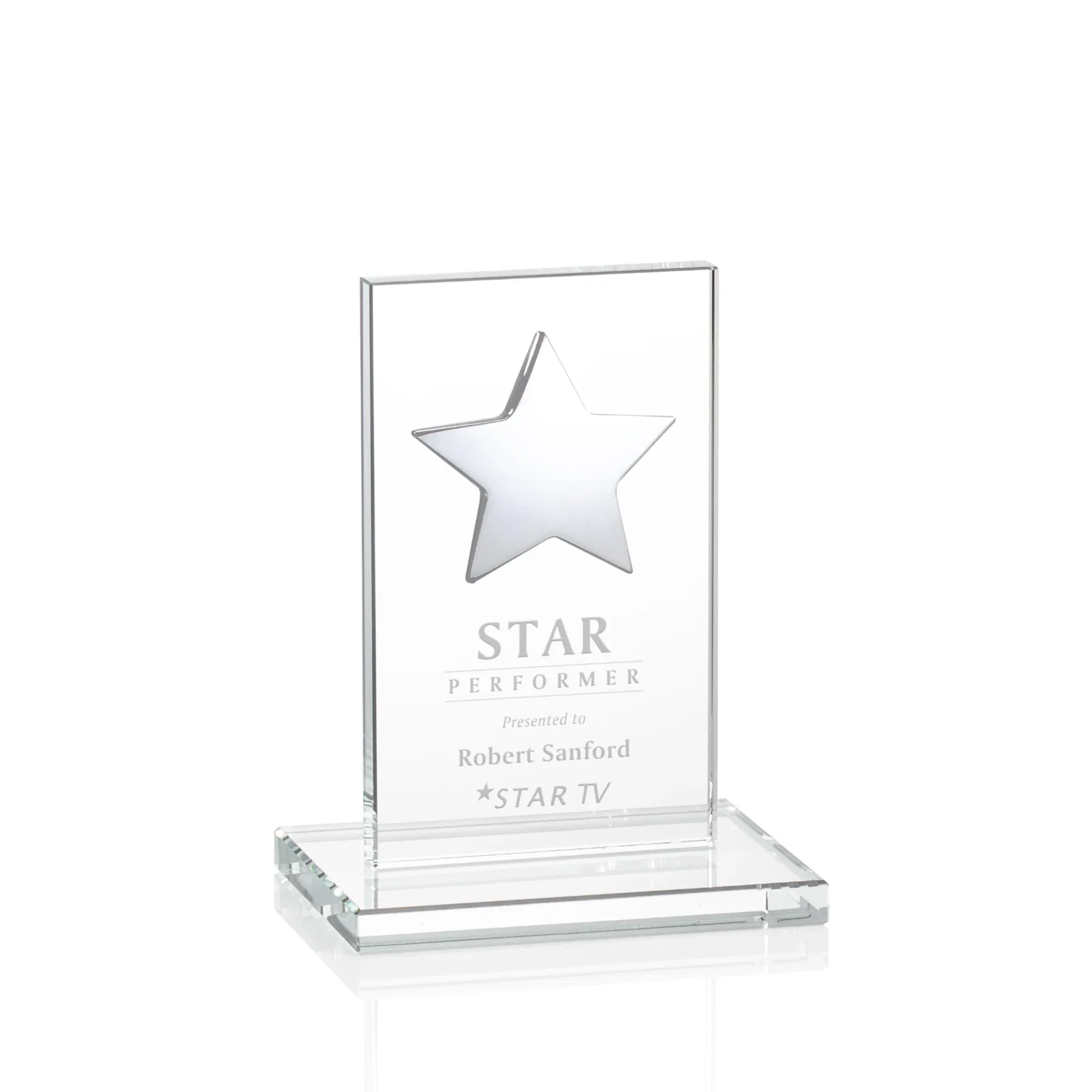 Promotional Optical Crystal Upright Award With Raised Metal Star Accent for volunteer appreciation