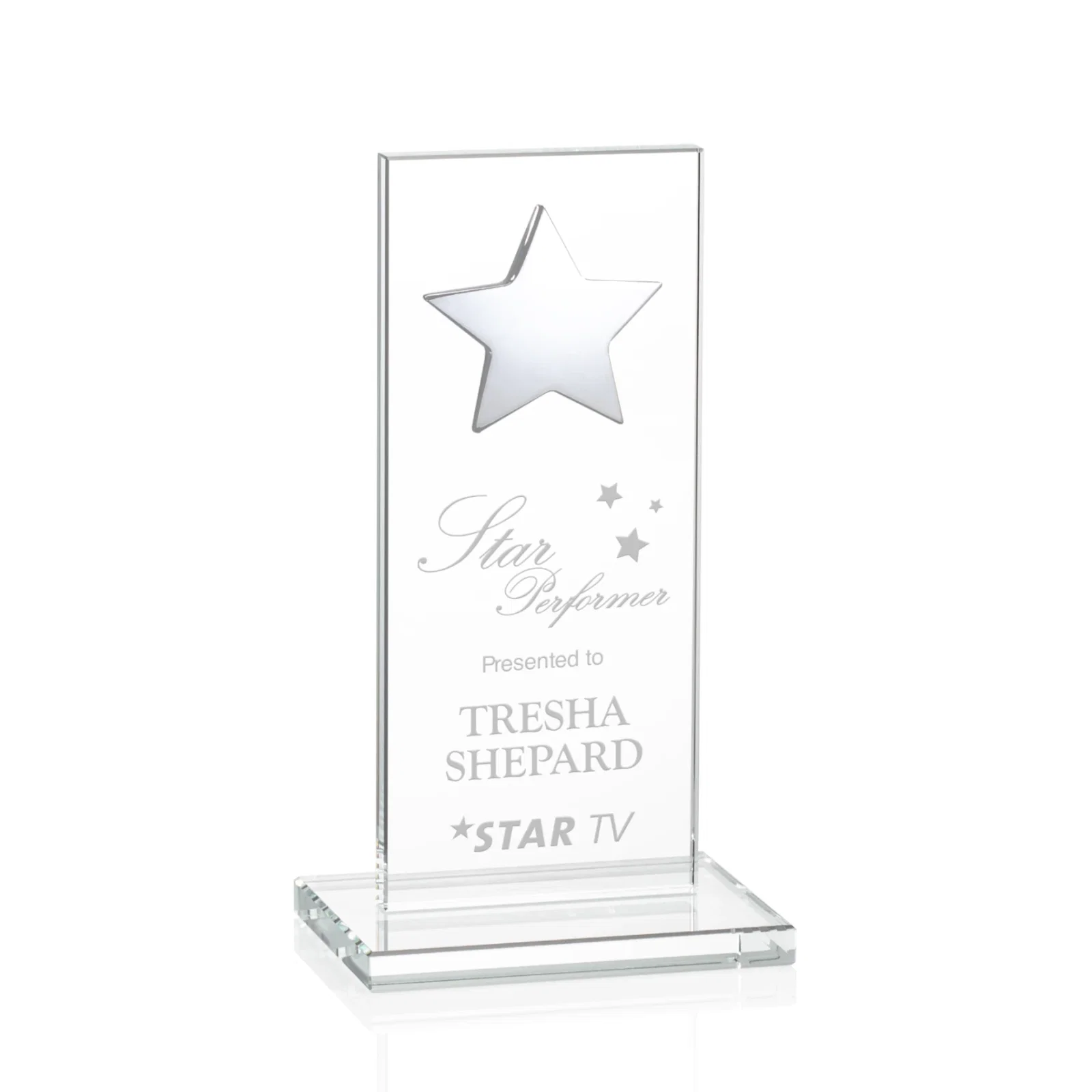 Promotional Optical Crystal Upright Award With Raised Metal Star Accent for dealer and partner awards