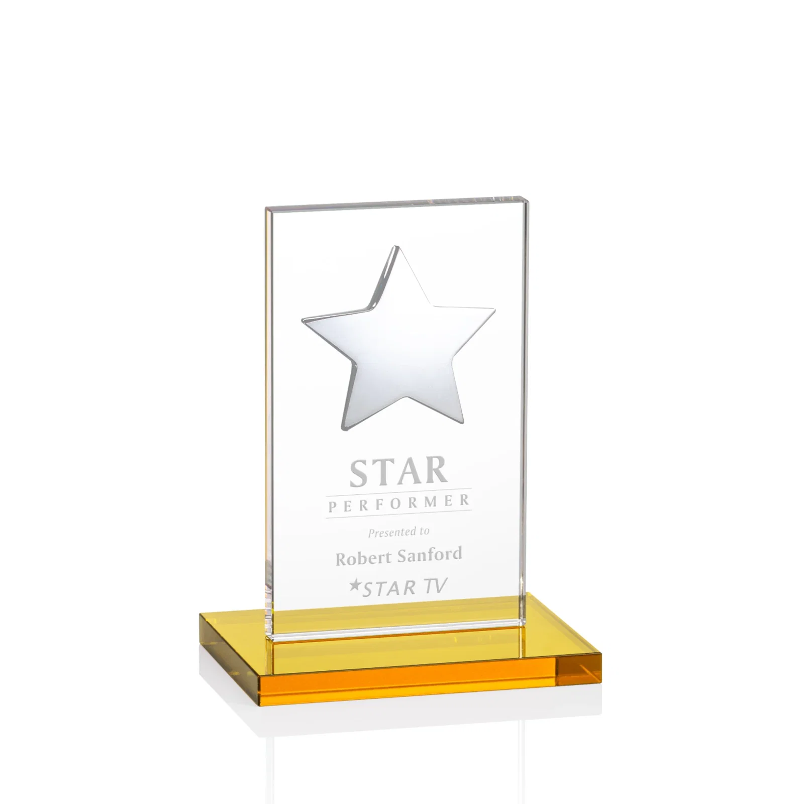 Branded Optical Crystal Upright Award With Raised Metal Star Accent for corporate award ceremonies