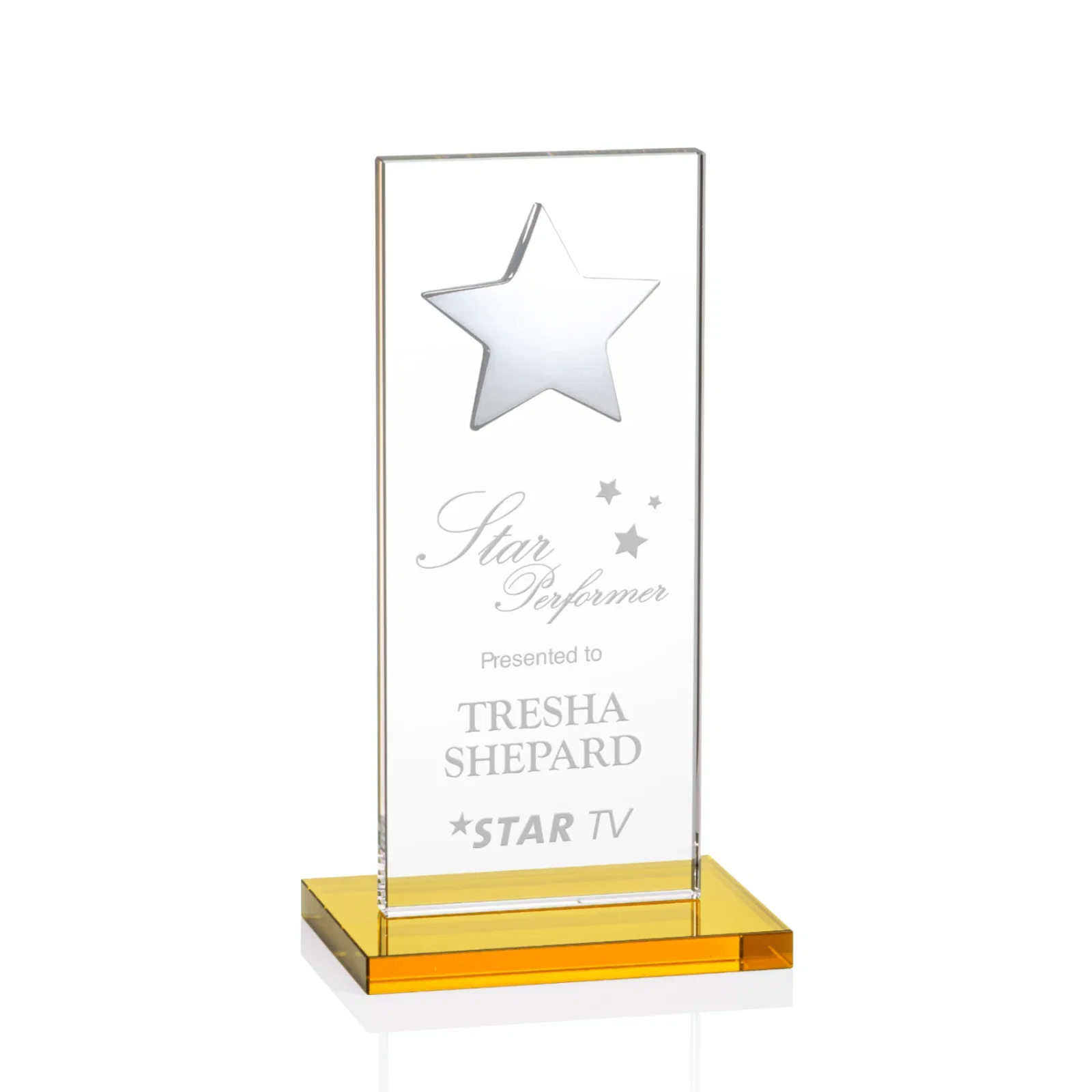 Branded Optical Crystal Upright Award With Raised Metal Star Accent for service anniversary gifts