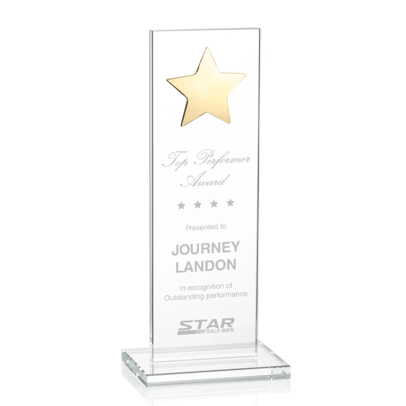 Custom Optical Crystal Upright Award With Raised Metal Star Accent for sales achievement awards