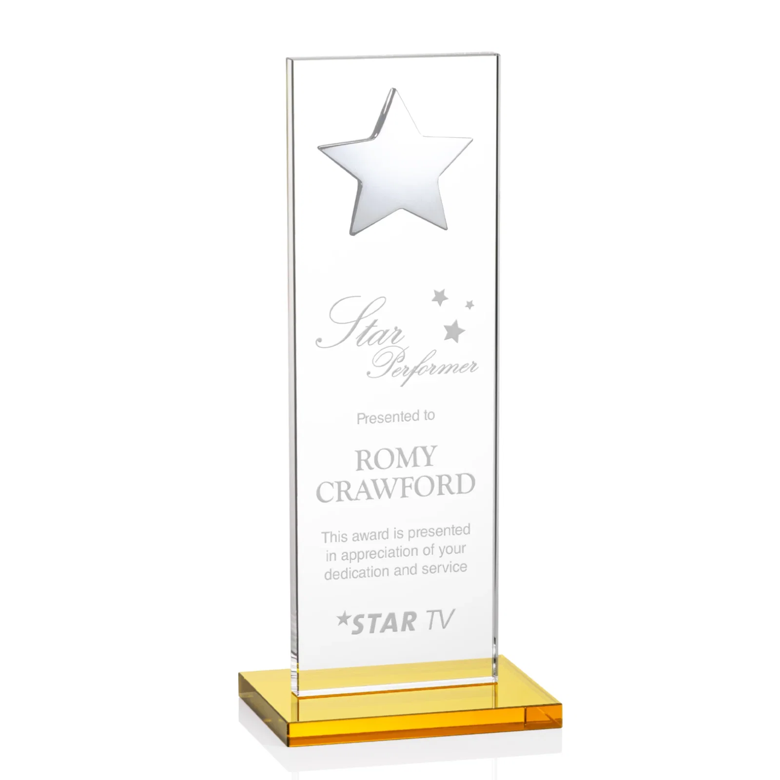 Branded Optical Crystal Upright Award With Raised Metal Star Accent for sales achievement awards